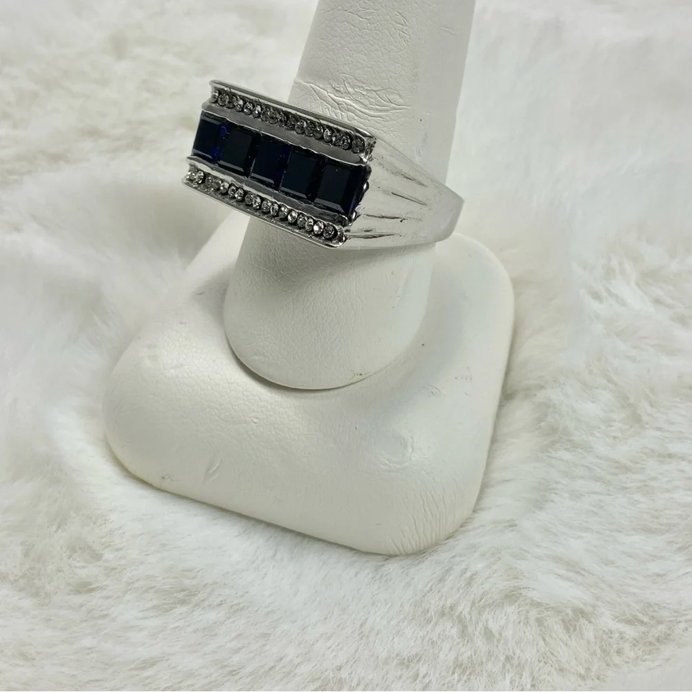 Lab Created Blue Sapphire and White Austrian Crystal Ring Sz 10